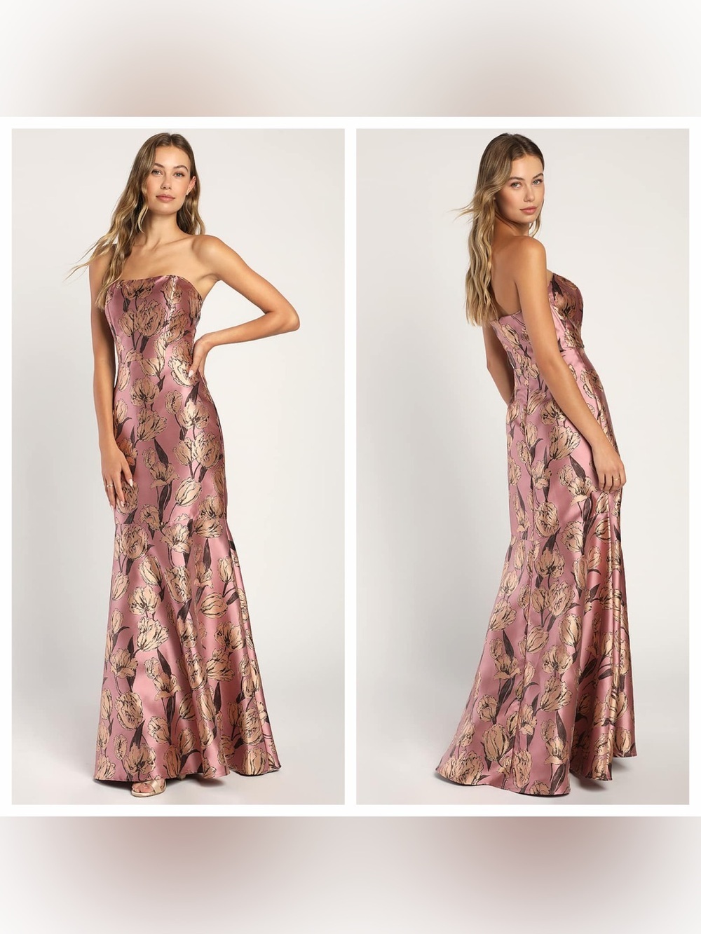 Lulu's Gowning Around Mauve Floral Jacquard Strapless Maxi
Dress